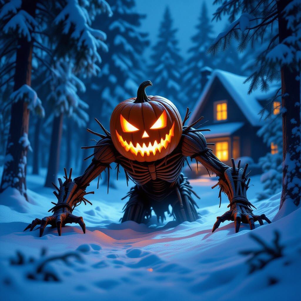 Demonic Pumpkin Creature Crawls Through Snowy Forest