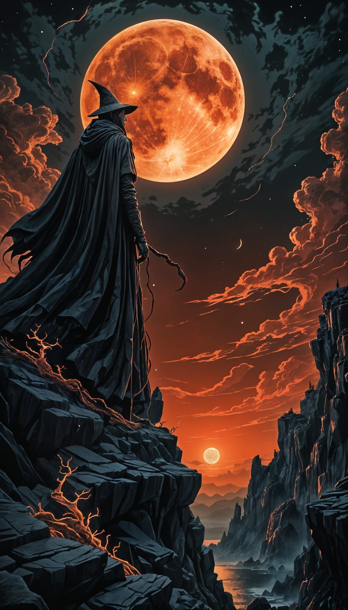 Eerie Red Moon Over Dark Cliffside Tentacles