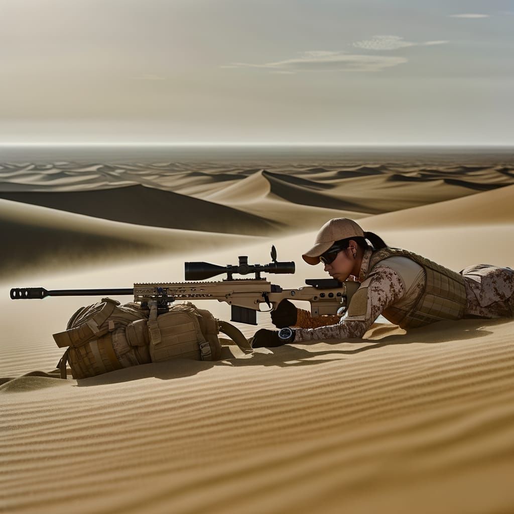 Female Sniper Aims Rifle in Arid Desert