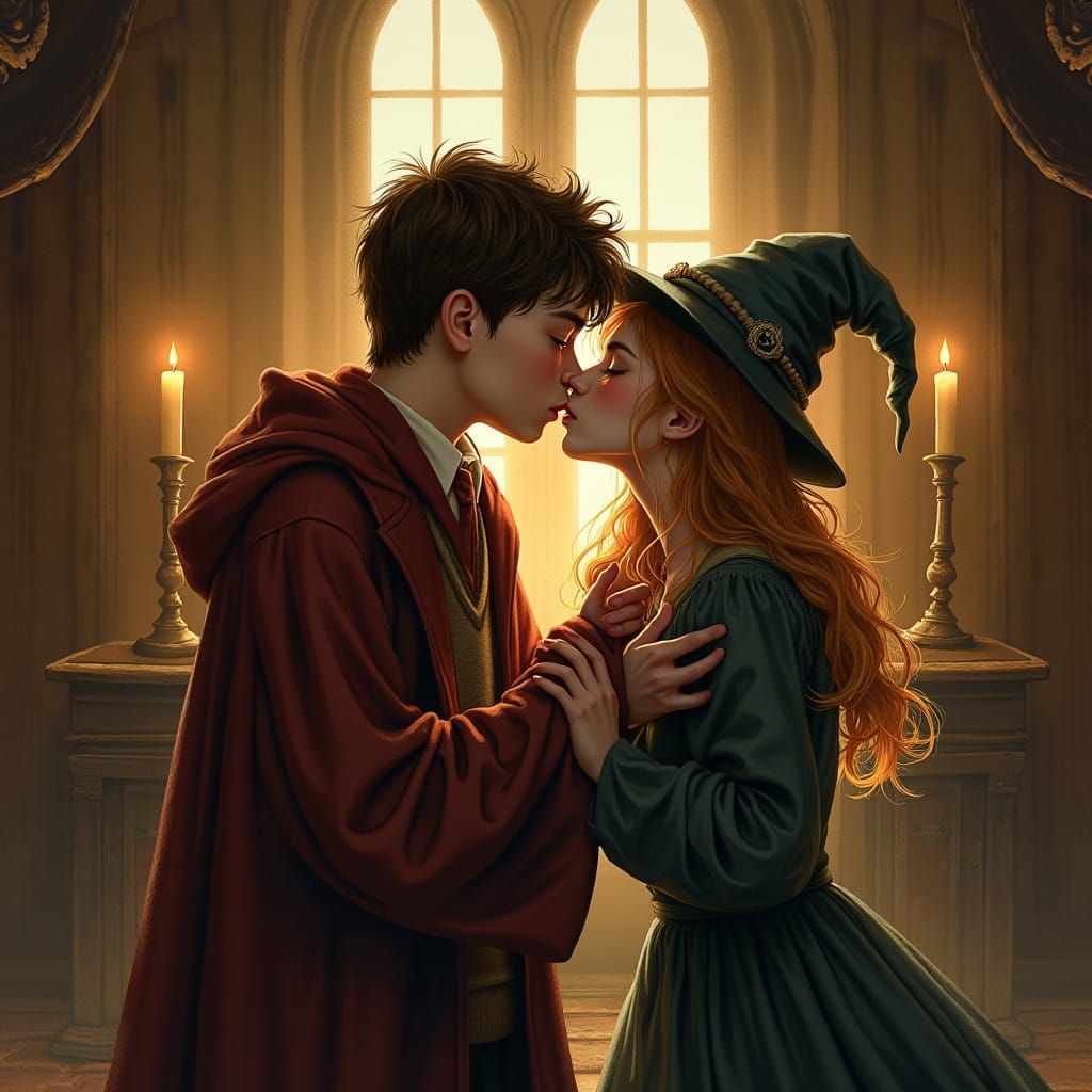 Tender Wizardly Kiss in Whimsical Arthur Rackham Style