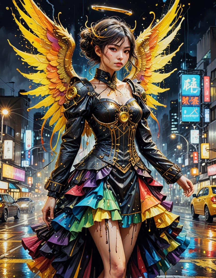 Steampunk Angel/Demon in Rainbow Dress, Tokyo Night