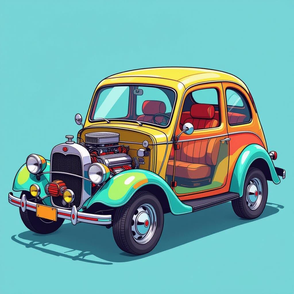 Colorful Transparent Cartoon Car Revealing Inner Workings