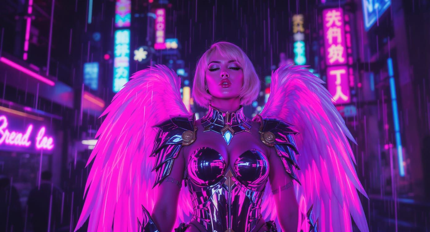 Synthwave Woman in Fantasy Armor with Angel Wings