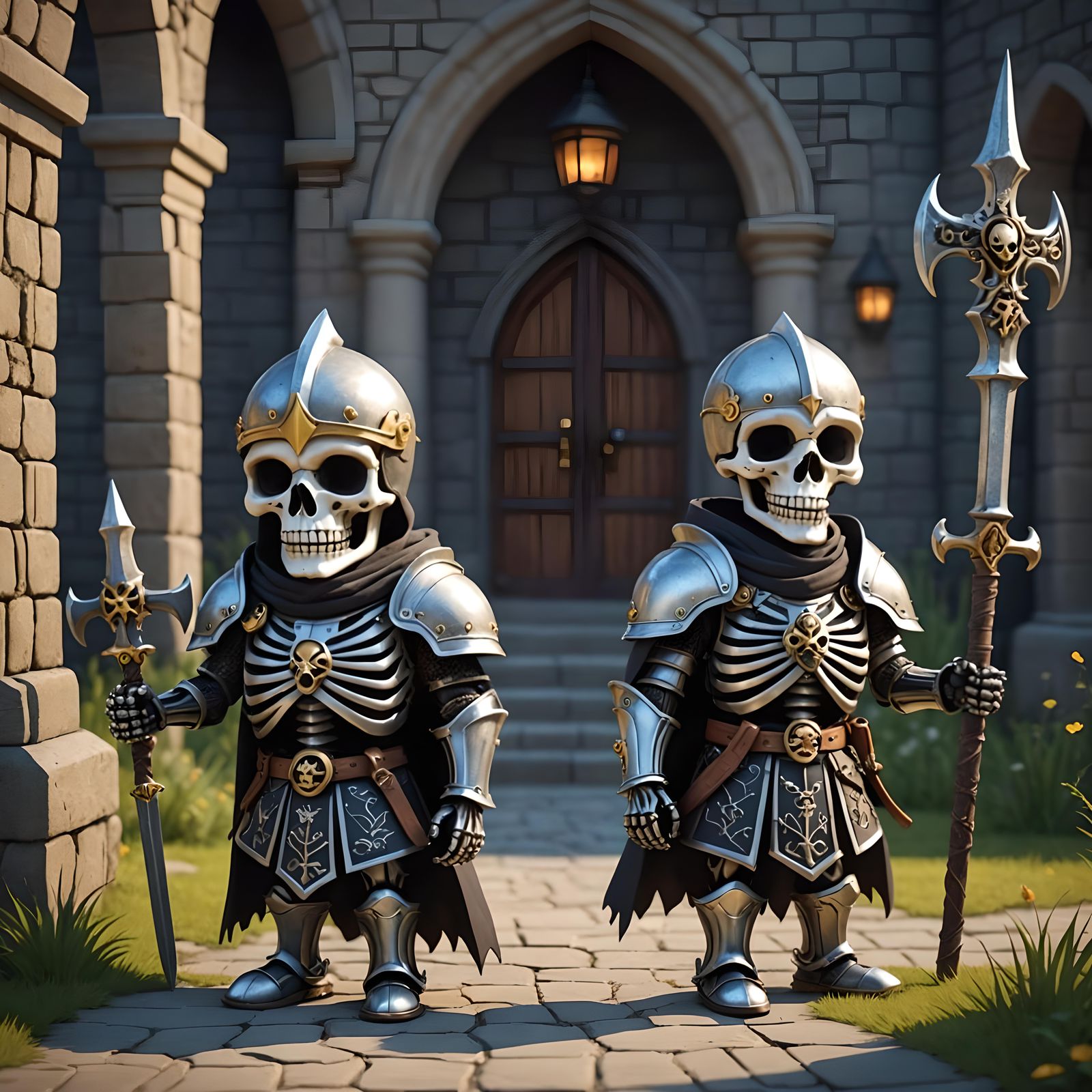 Adorable Cartoon Skeleton Knights Guarding Keep