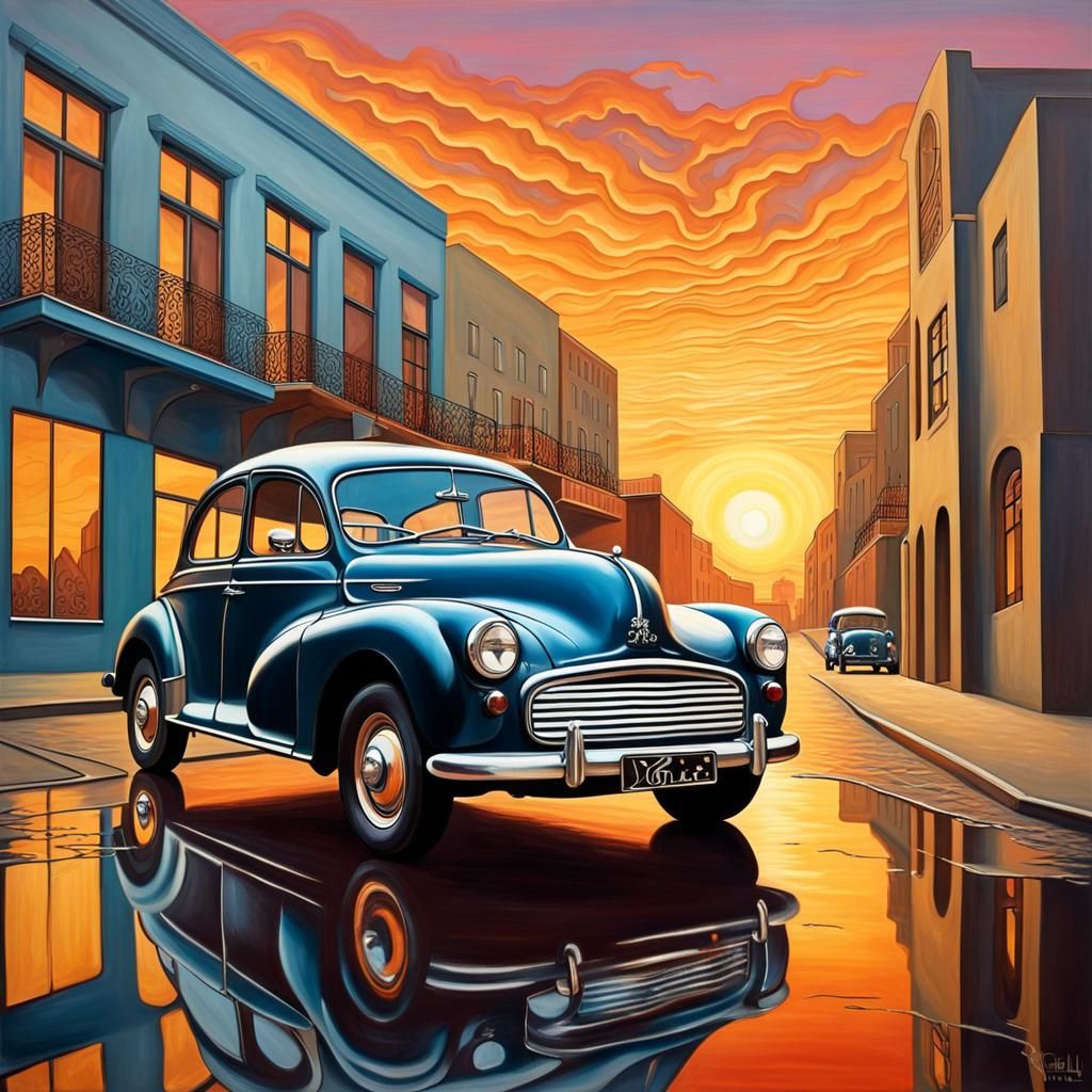 Morris Minor in Retro Art Deco Style with Sunset