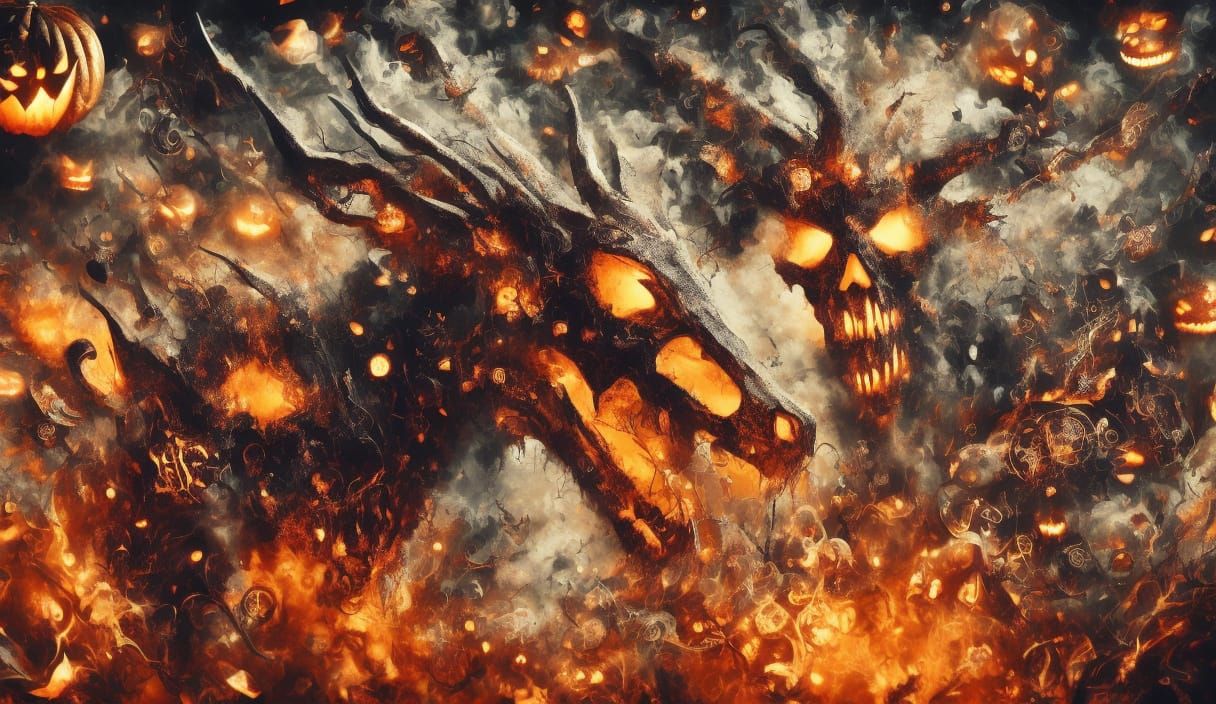 Debonair Man with Flaming Pumpkin Head Rides Zombie Horse