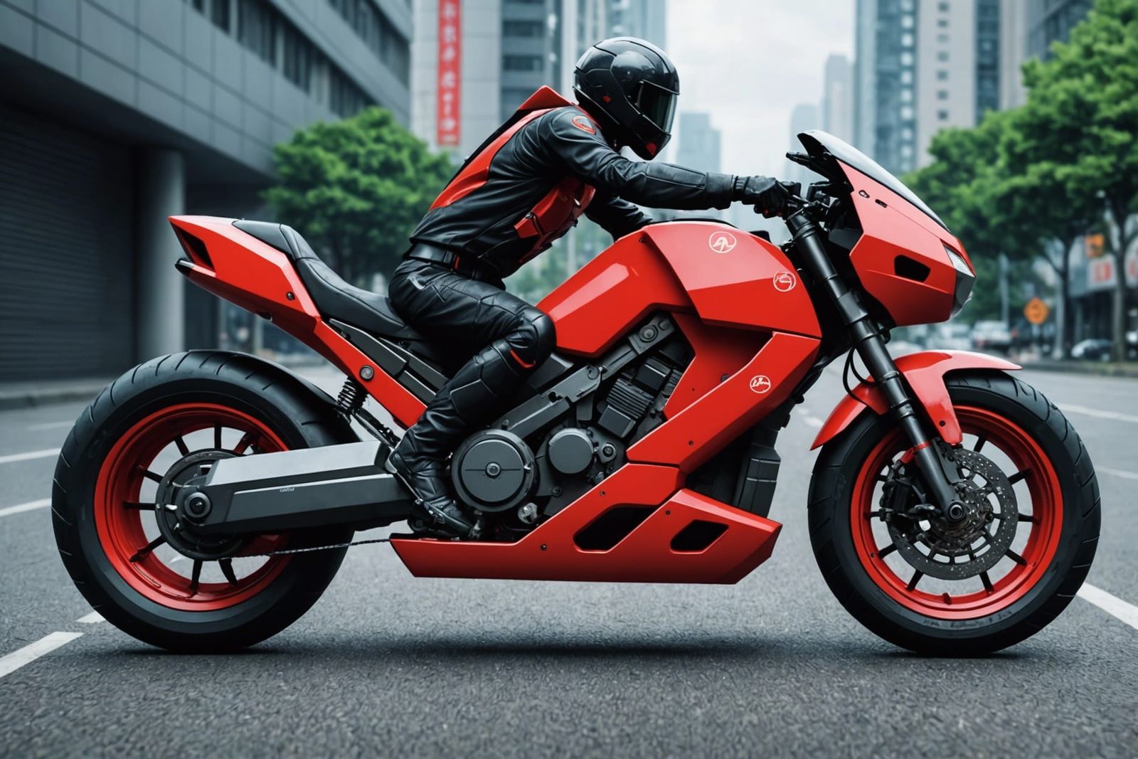 Futuristic Red Motorcycle in 2.5D Anime Style