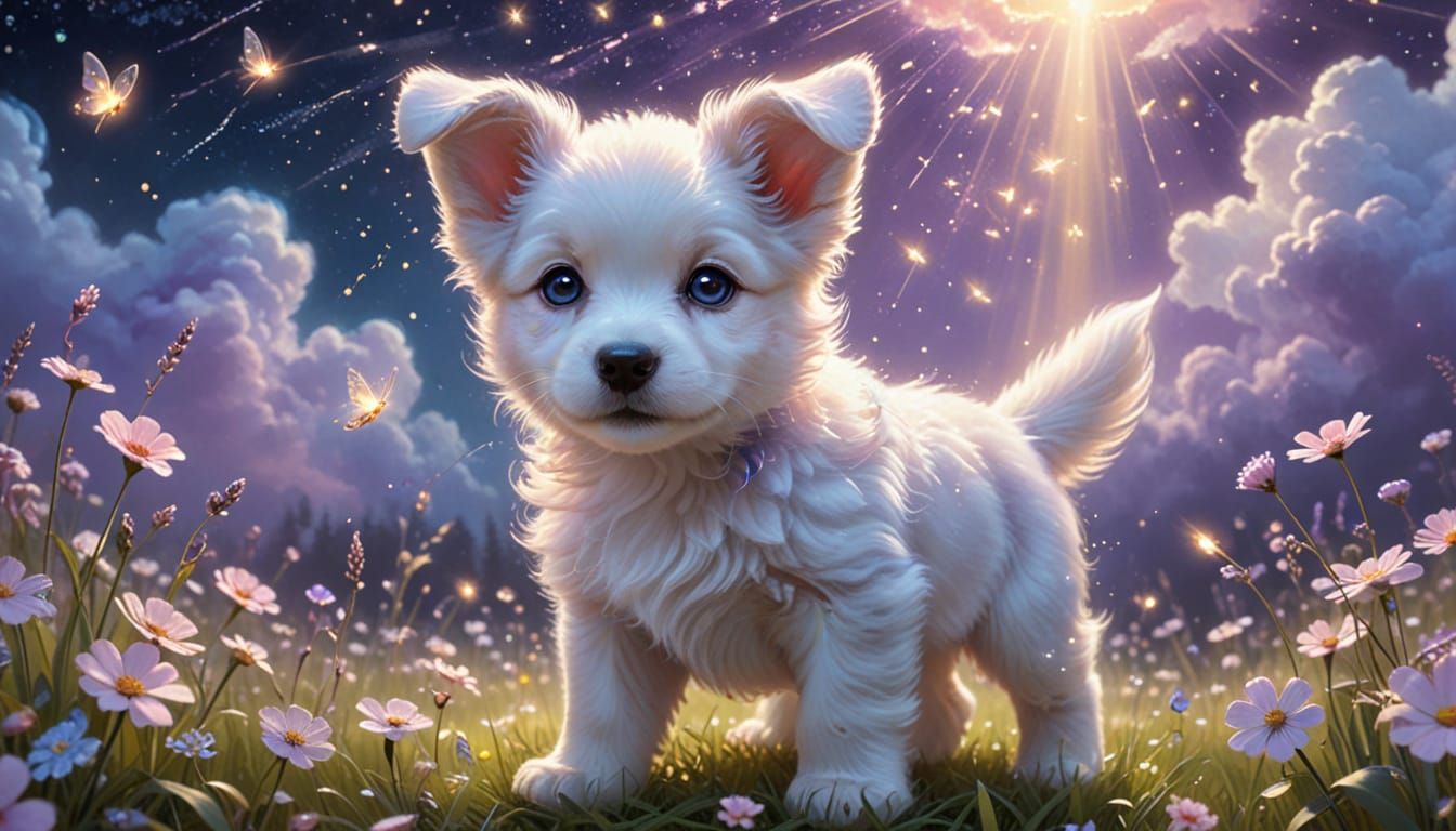 Adorable Winged Puppy in a Dreamy Pastel Landscape