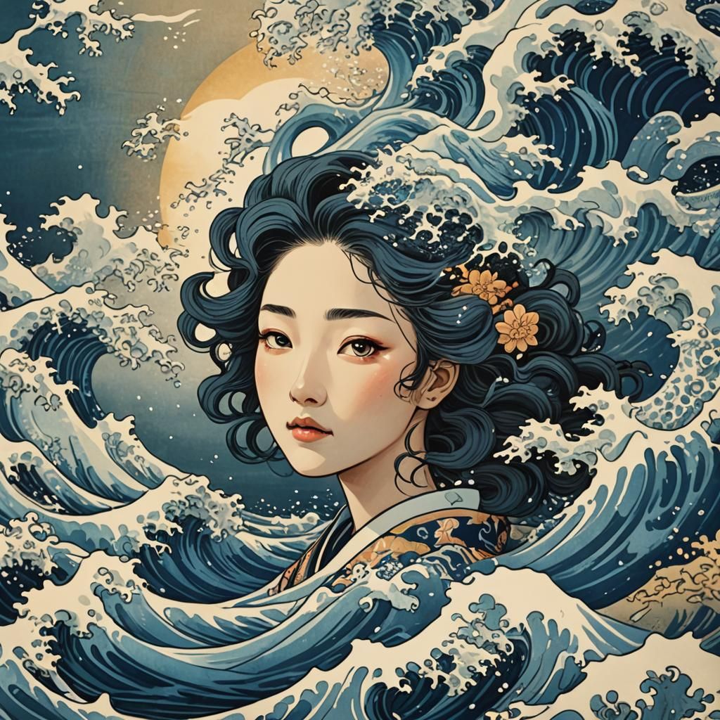 Underwater Girl with Hokusai-Inspired Waves