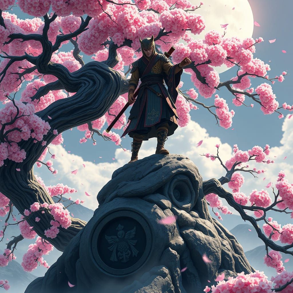 Shinto Ninja Leaps on Cherry Blossom Tree in 3D Anime Style