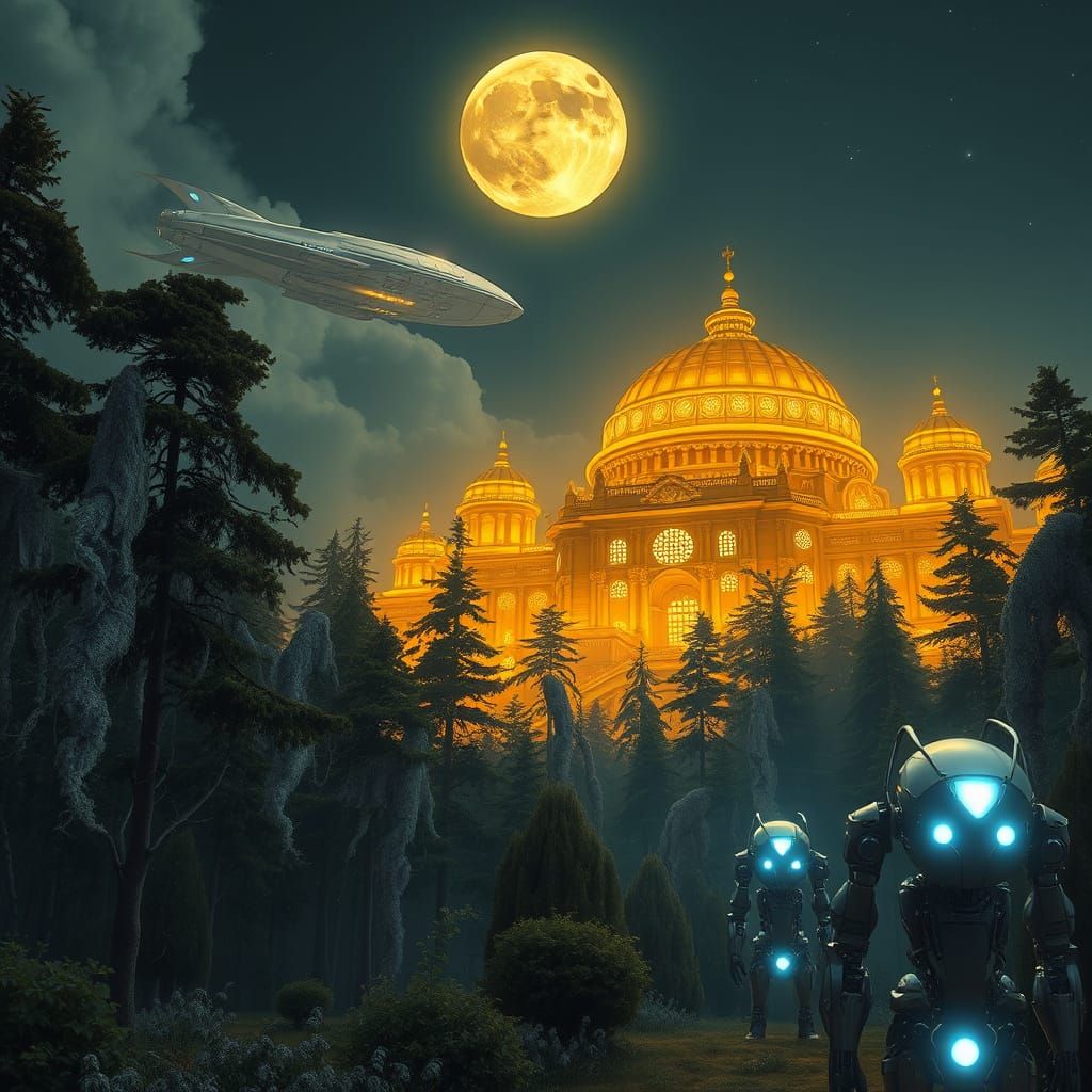 Golden Palace in Forest with Moonlit Sky