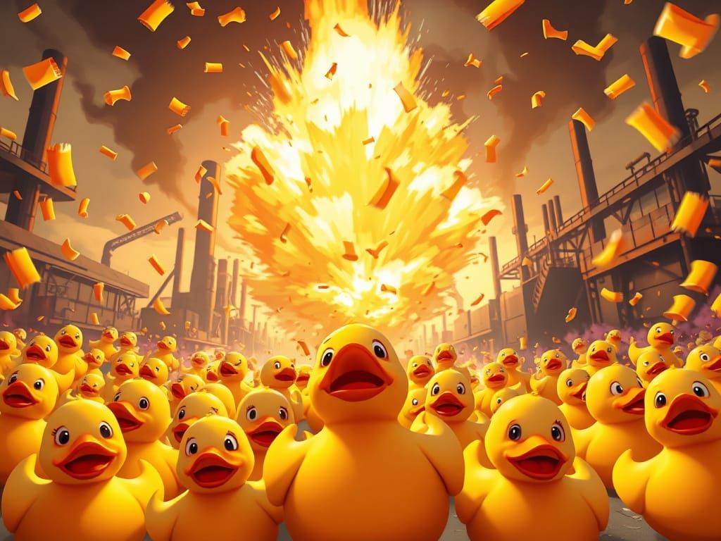 Whimsical Rubber Duck Factory Explosion in Vibrant Cartoon S...