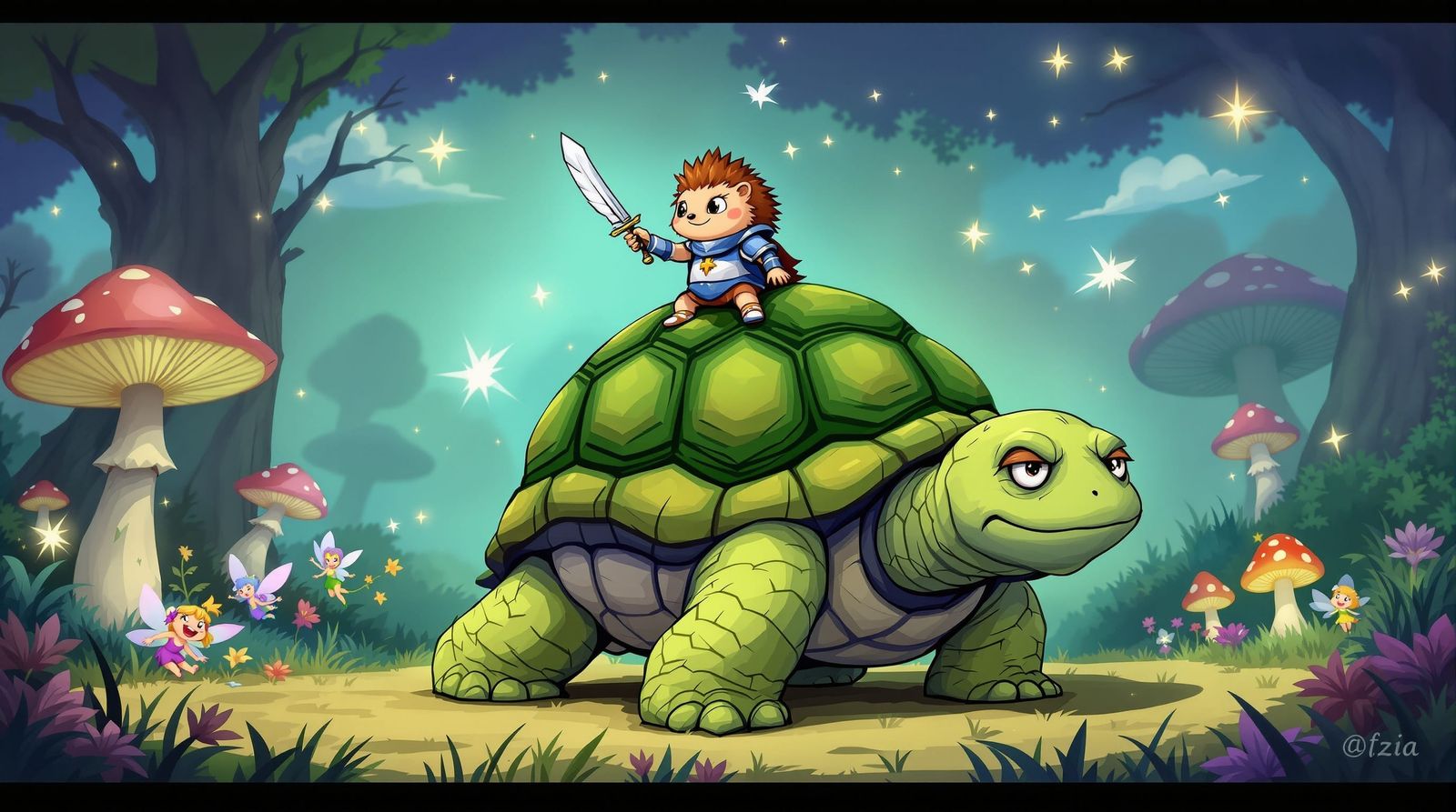 Knight Hedgehog Rides Giant Turtle in Fantasy Scene