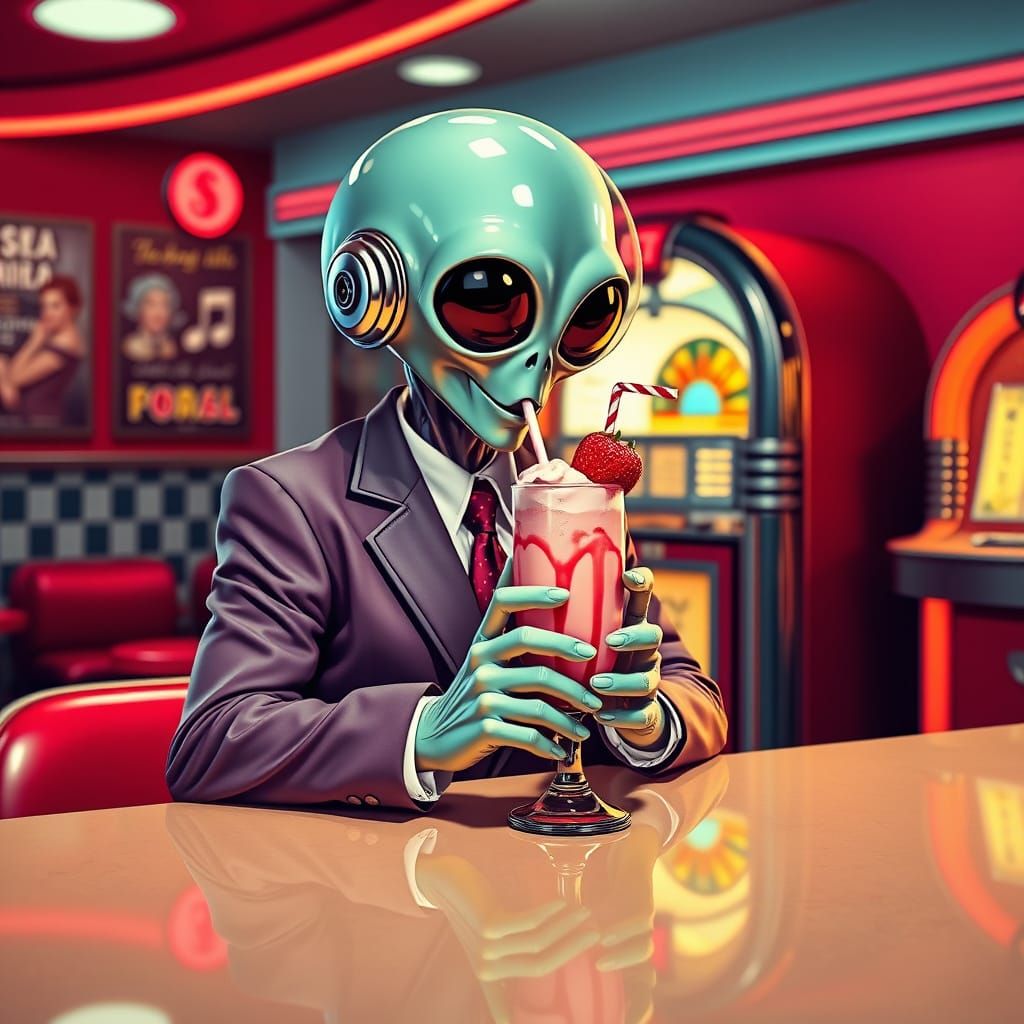 Alien Sips Milkshake at 1950s Soda Fountain in Pop Art Style