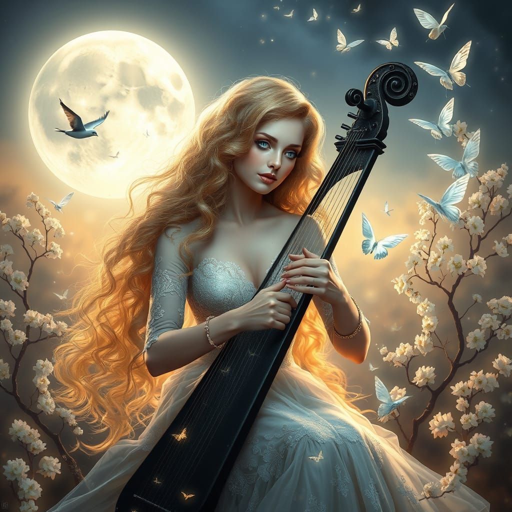 Enchanting Woman Plays Crystal Harp Under Full Moon