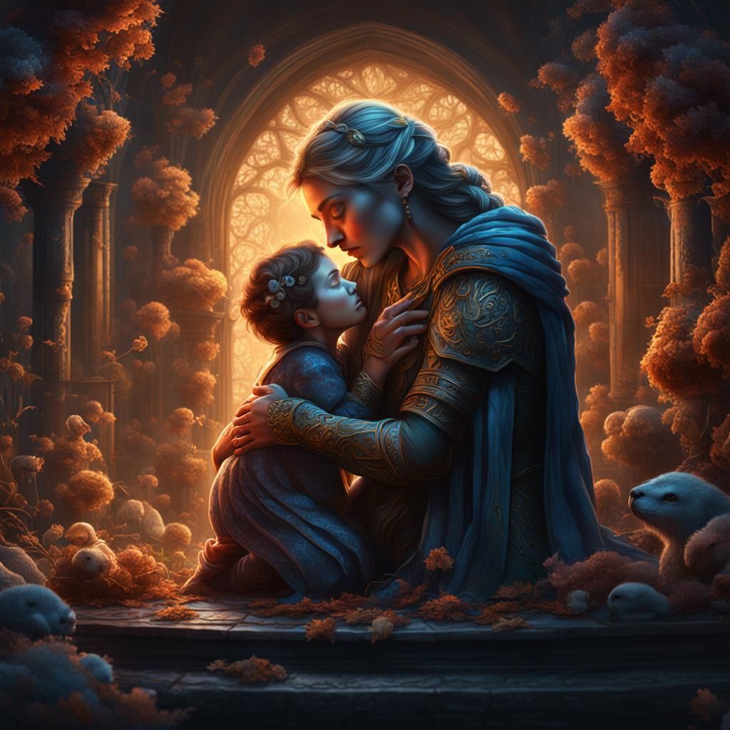 Detailed Painting of Mother's Love in Fantasy Style