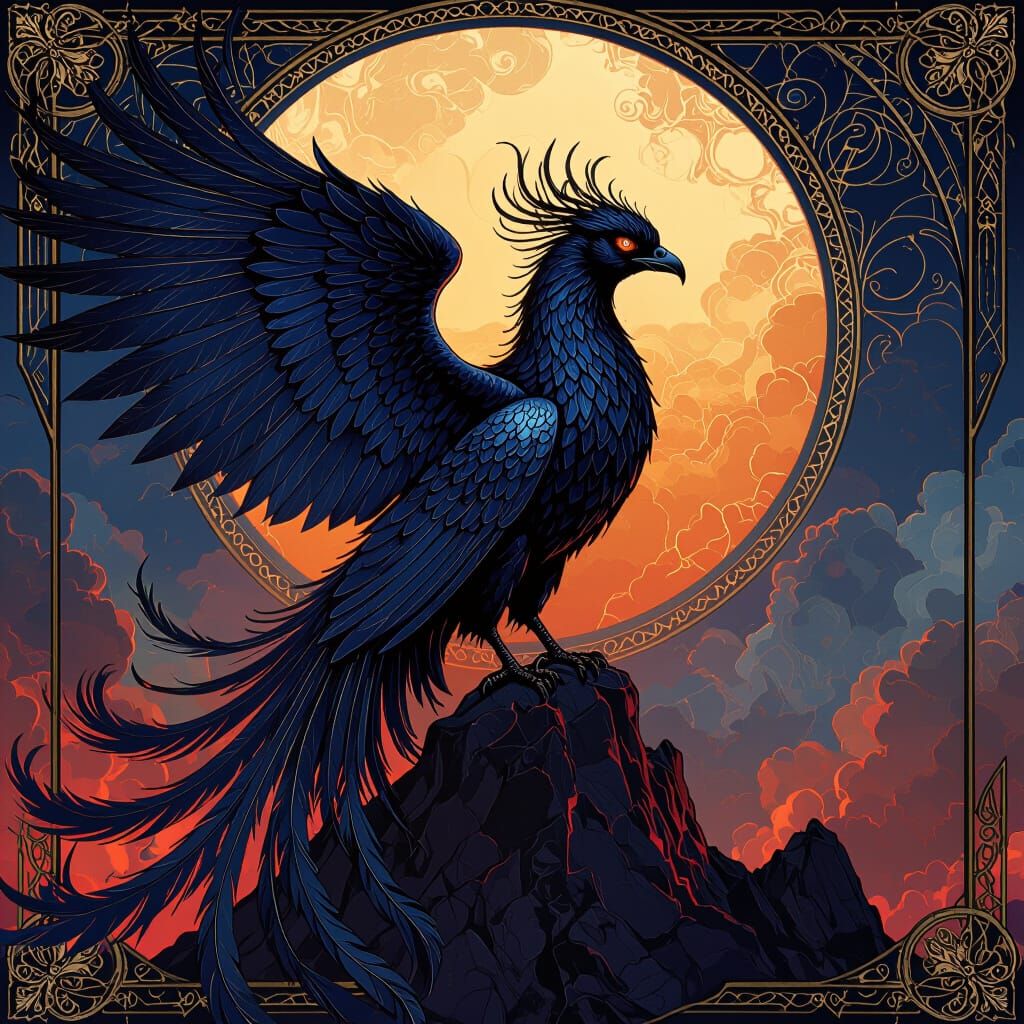 Obsidian Phoenix Surveys Fiery Domain in Art Deco Style