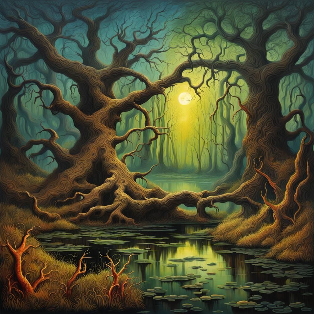 Eerie Swamp Dream: Scratchy Oil Painting