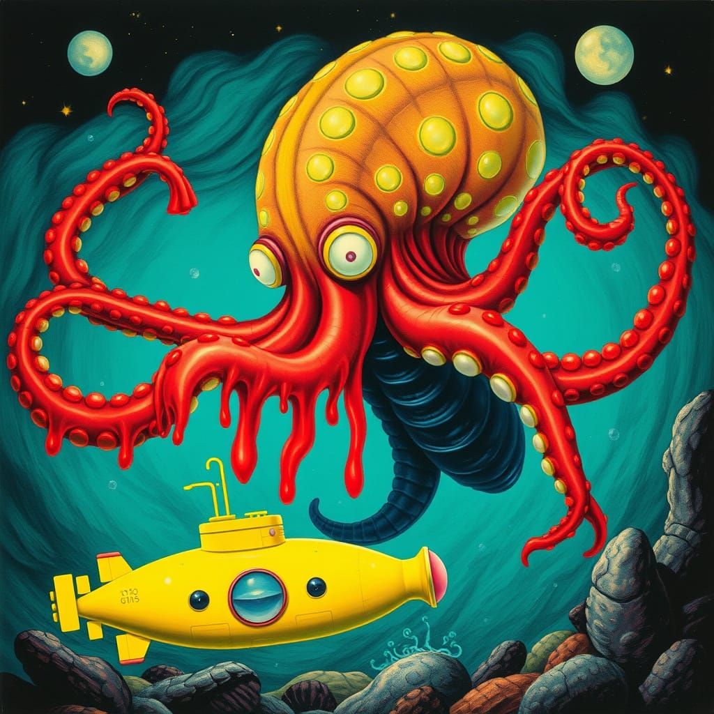 Bioluminescent Kraken Attacks Submarine in Surreal Sci-Fi