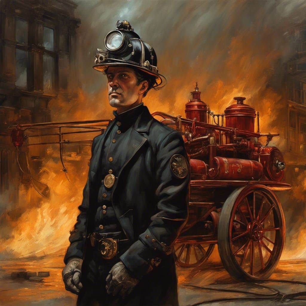 Steampunk Fireman with Engine in Chromolithograph Style