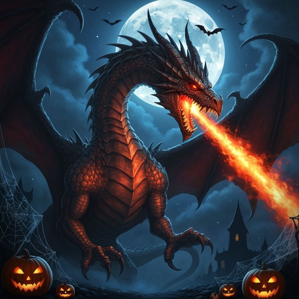 Intricately Detailed Dragon Breathes Fire on Halloween Night