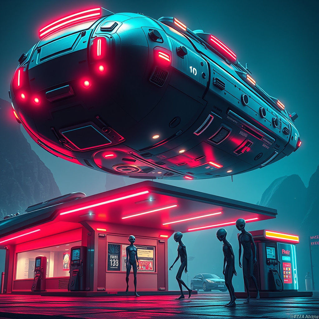 Alien Spaceship Refuels at Futuristic Gas Station