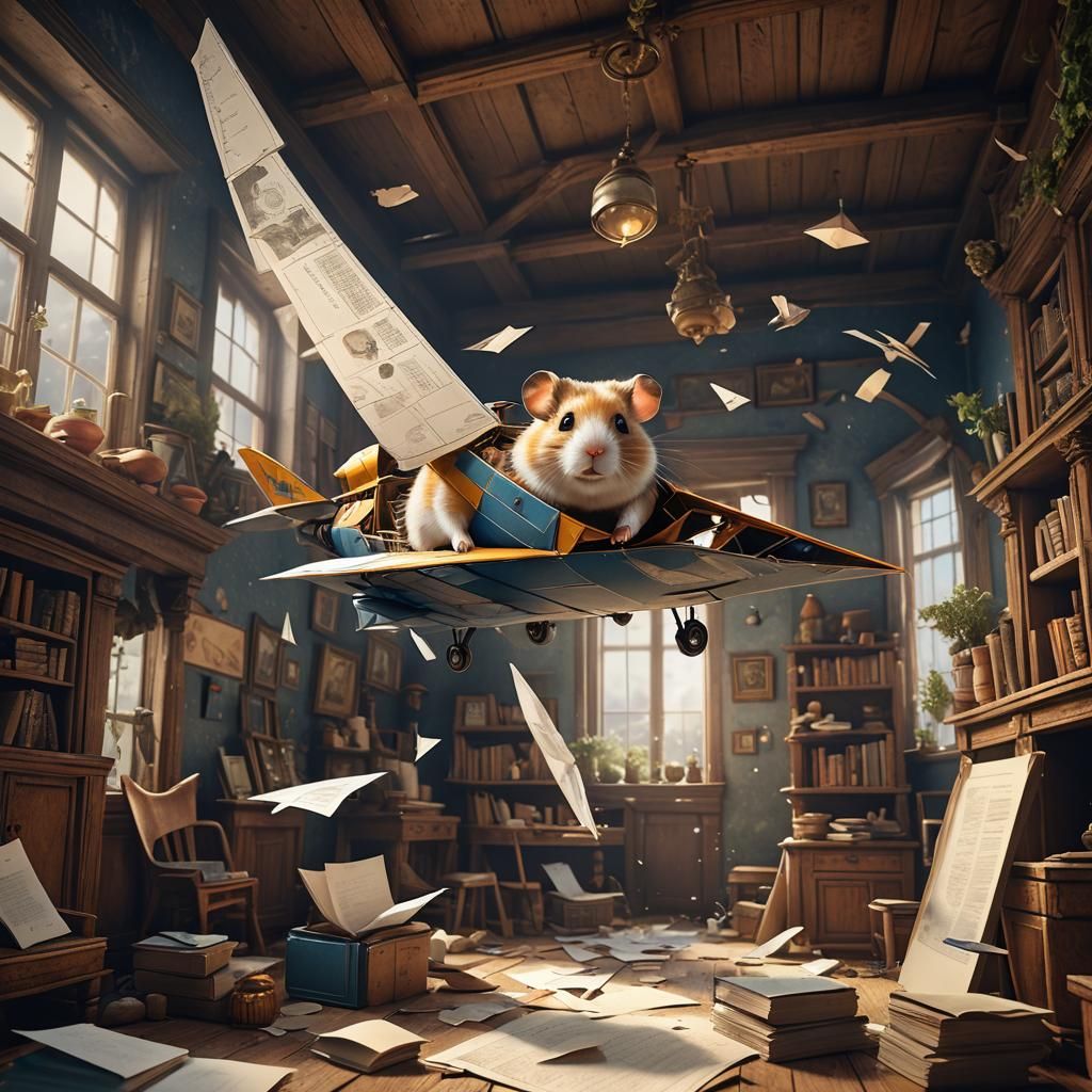 Hamster's Paper Airplane Flight in Old House