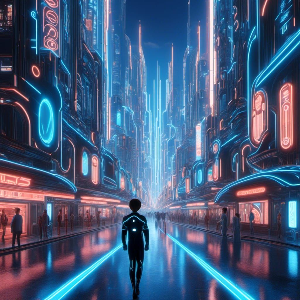 Anime, Studio Ghibli TRON inspired modern city sidewalk and citizens <lora:Gridrunners v1:1.0>