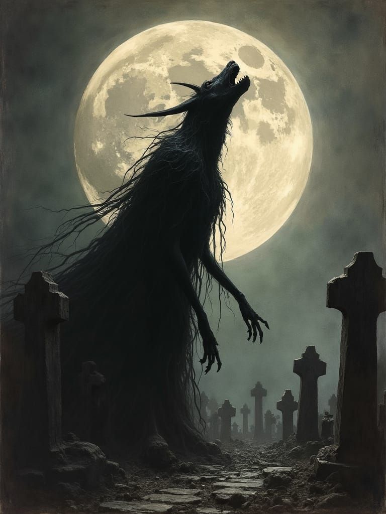 Gothic Demon Howling at Moon in Graveyard
