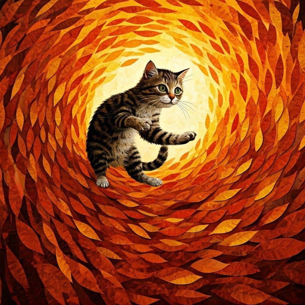 Cat Pouncing in Autumn Leaves Paper Collage Art