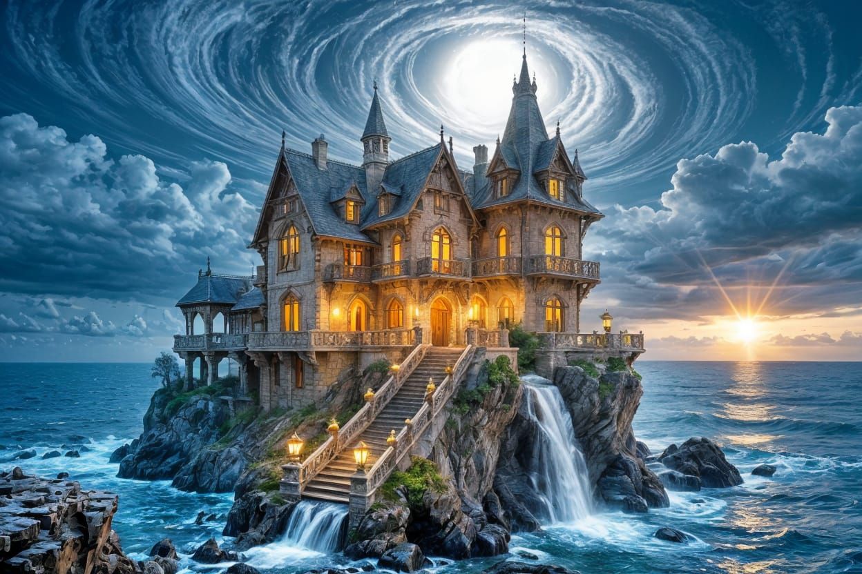 Gothic Mansion on Seaside Cliffs by Lantern Light