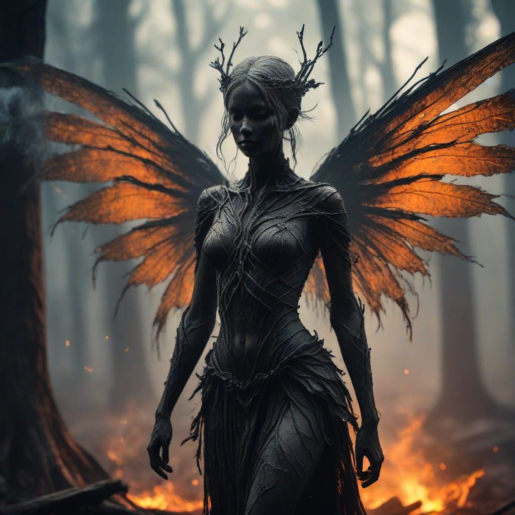 Ash Fairy in Charred Forest: Dark Fantasy Art