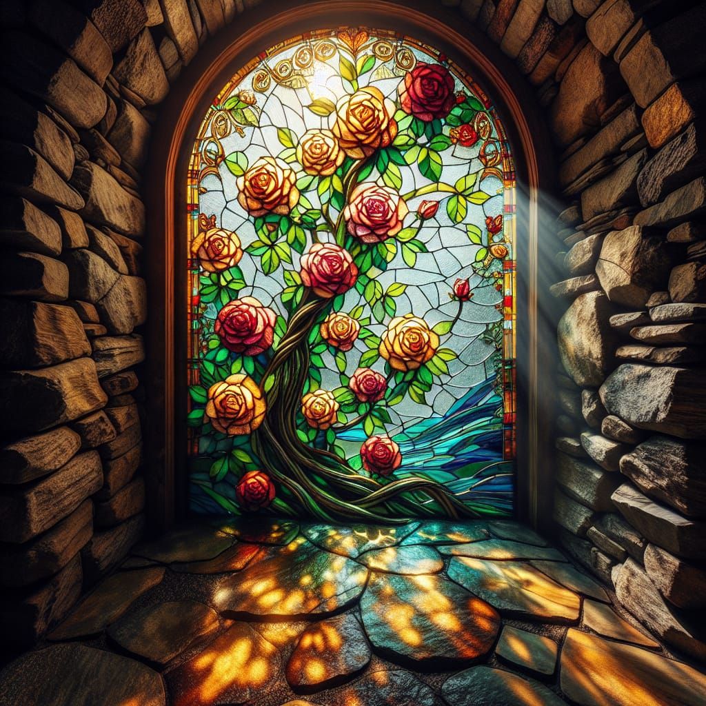 Stunning Stained-Glass Rosebush Masterpiece in Stone Wall