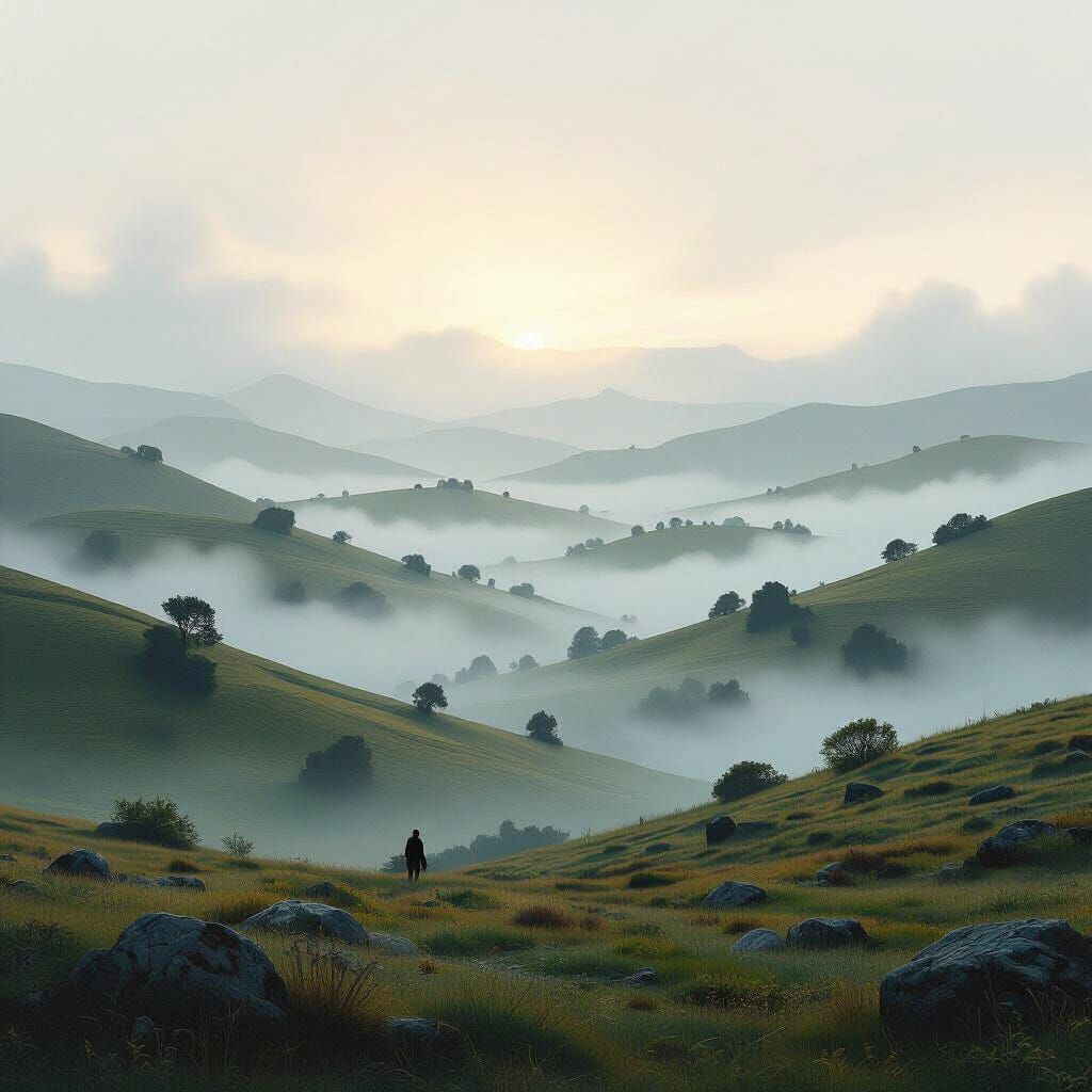 Dreamy Misty Landscape with Rolling Hills