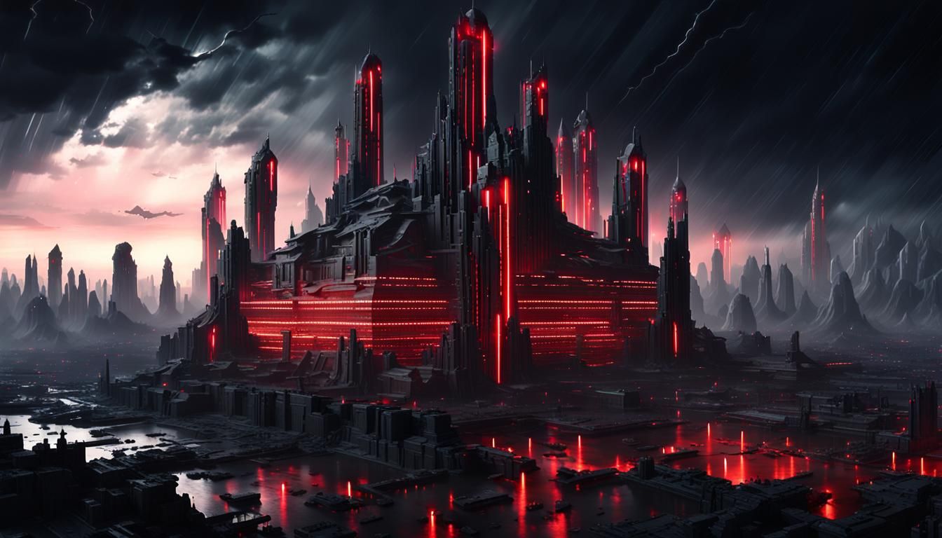 Dystopian Sci-Fi Cityscape with Flying Techno Castles