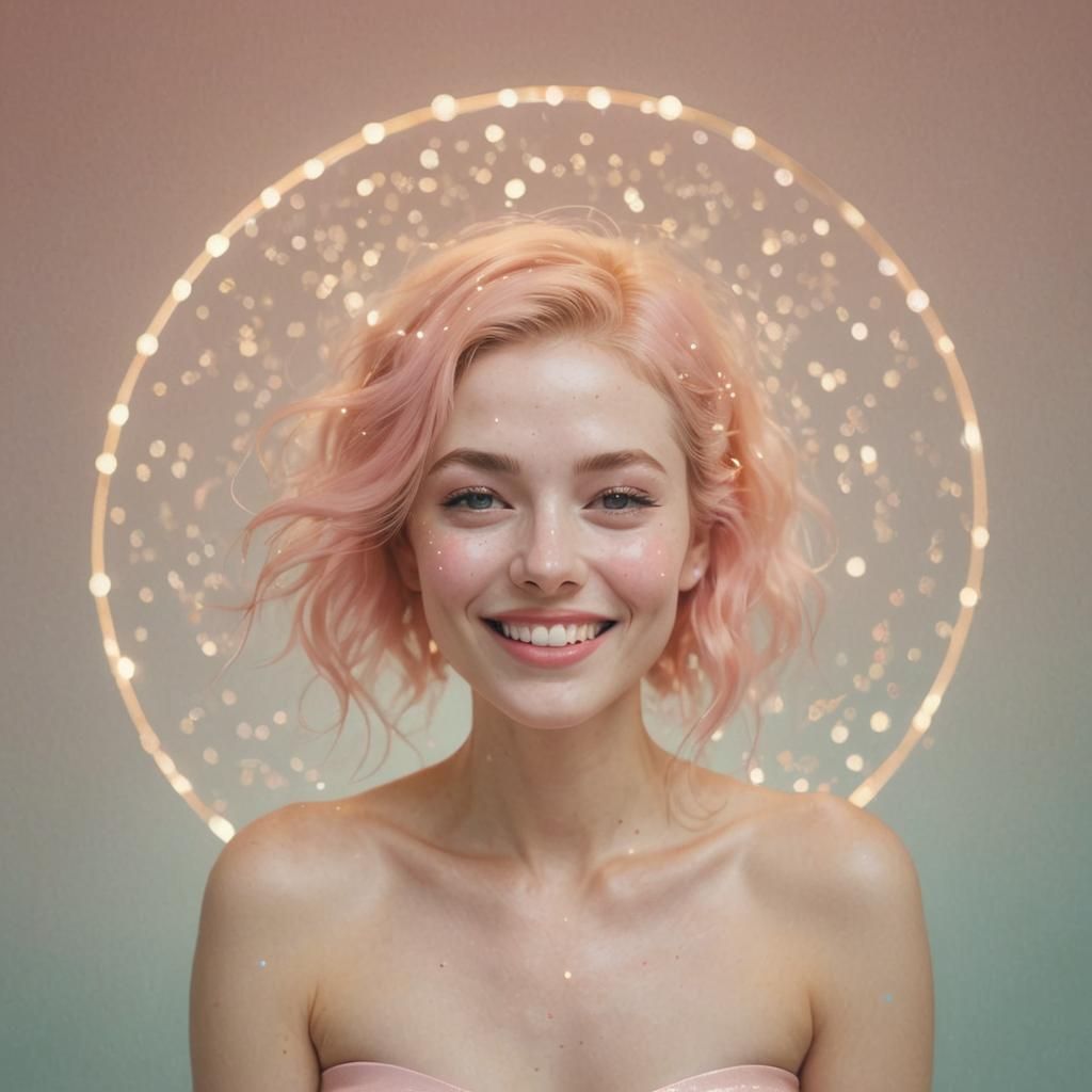 Smiling Woman Surrounded by Twinkling Stars