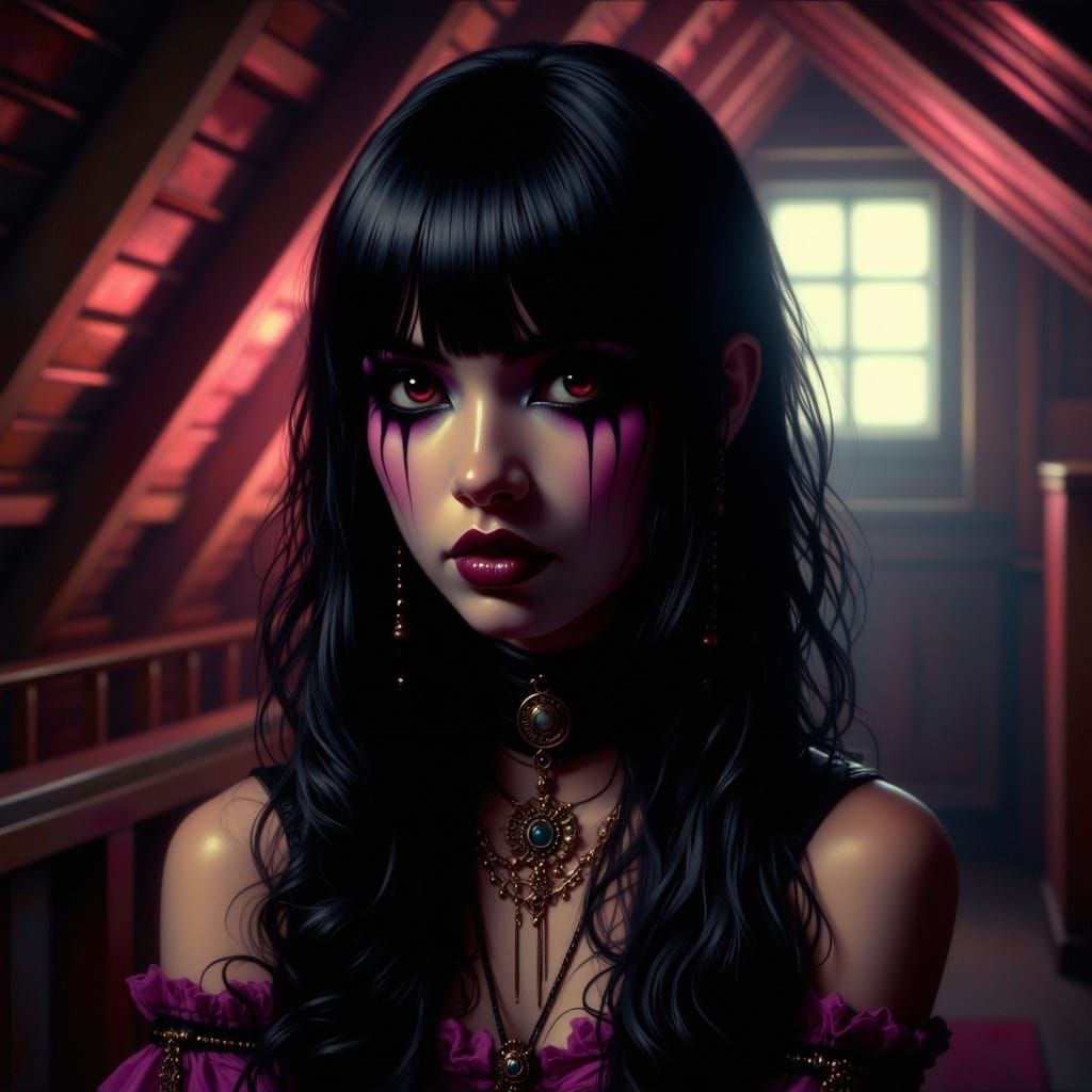 Gothic Teenage Girl in Fuchsia Dress, Retro Nostalgia and Om...