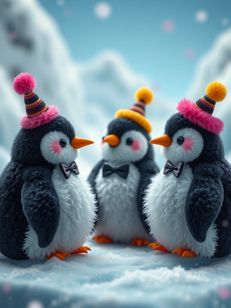 Colorful Pom Pom Penguins in a Surreal Landscape