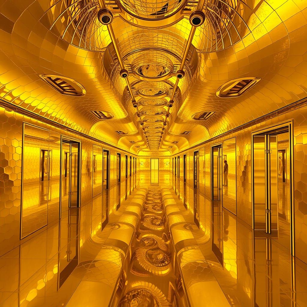 Surreal Golden Labyrinth Palace with Mirrored Halls