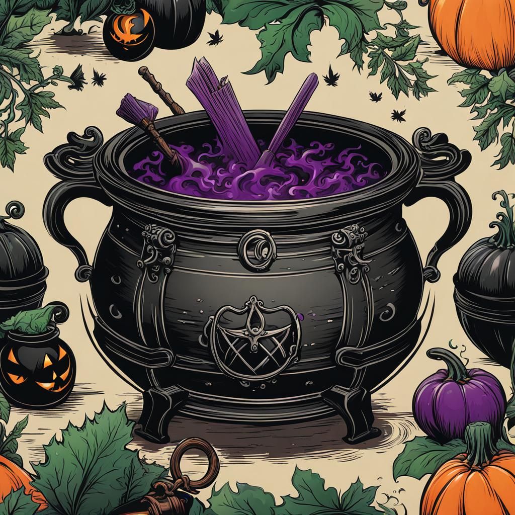 Witch's Cauldron Bubbling with Green Potion