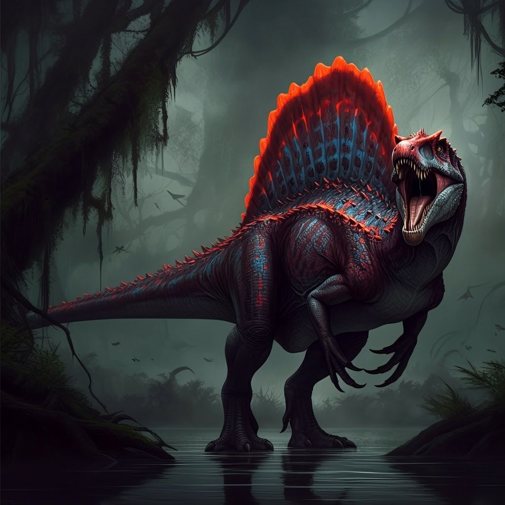 Bioluminescent Spinosaurus Roars in Dark Fantasy Art Style