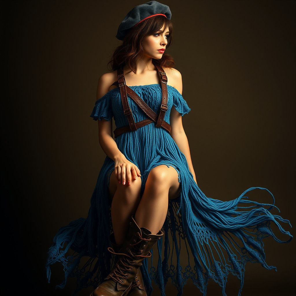 Ethereal Portrait of a Woman in Blue Macrame and Leather