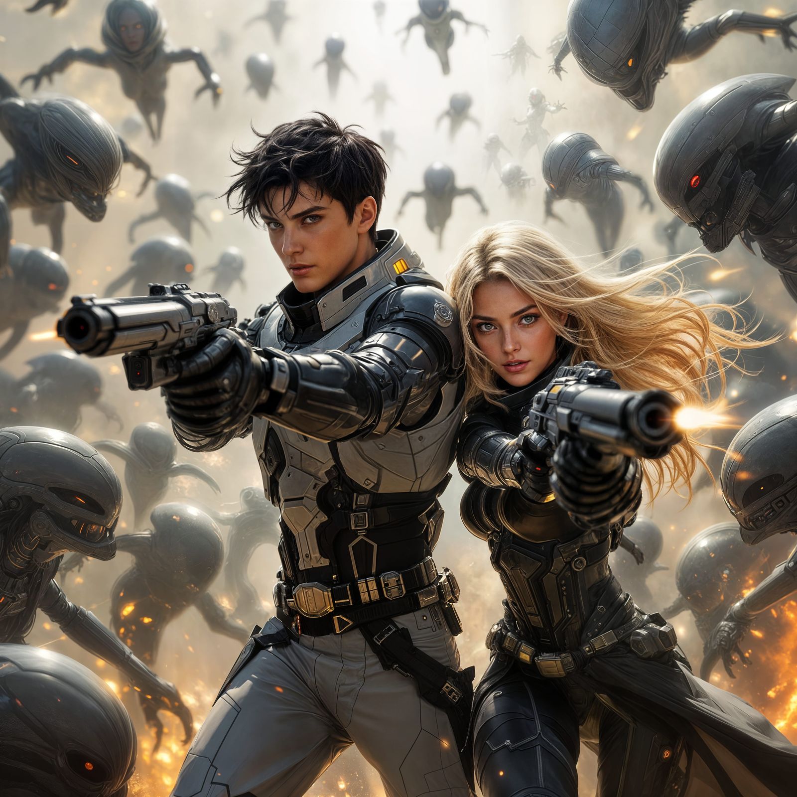 Futuristic Heroes Battle Alien Horde in Art Nouveau Style