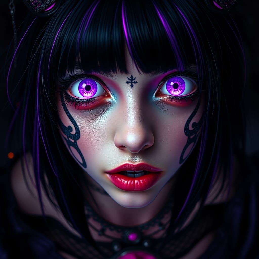 Girl with Purple Eyes in Cyberpunk Gothic Art