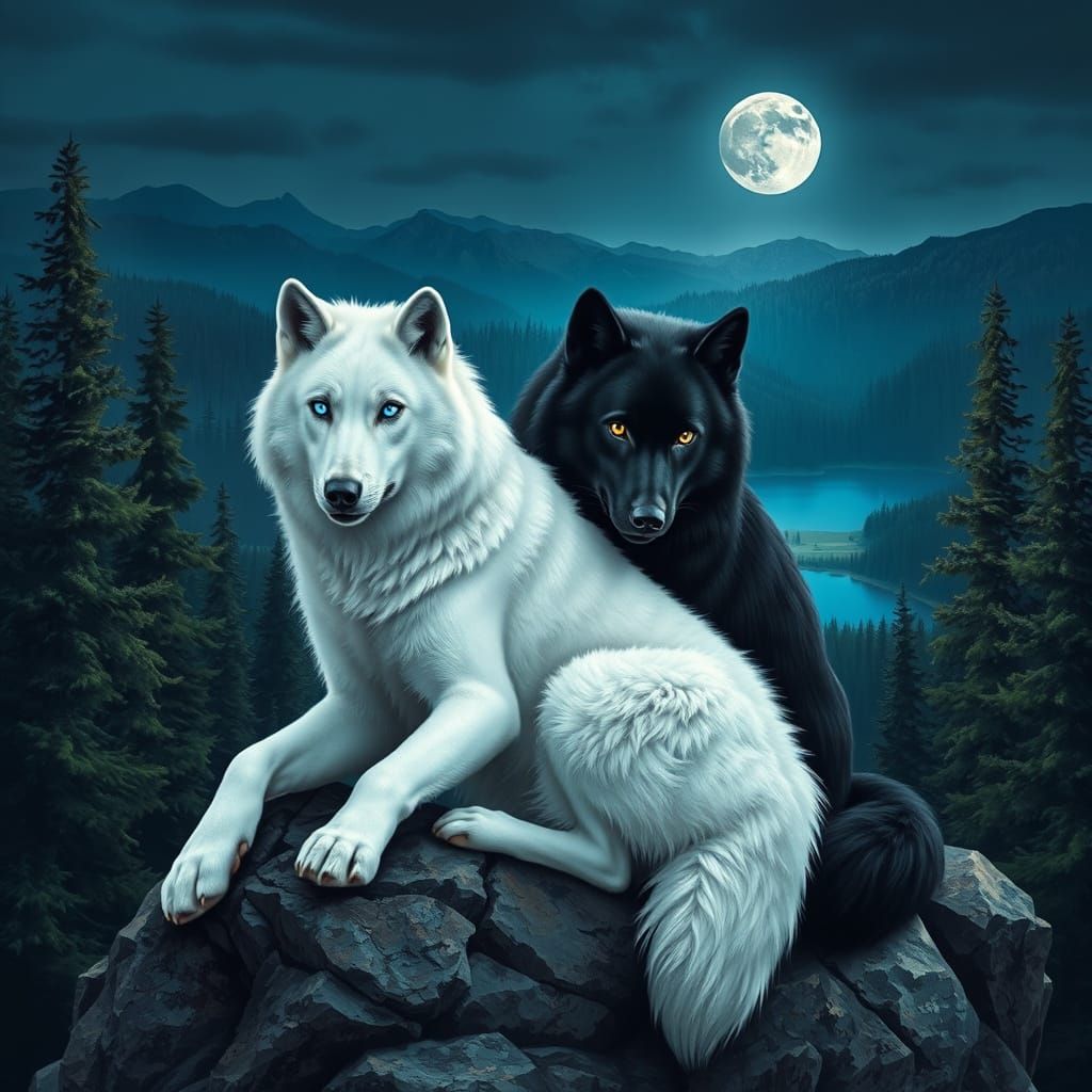 White and Black Wolves on Mountain Overlooking Forest