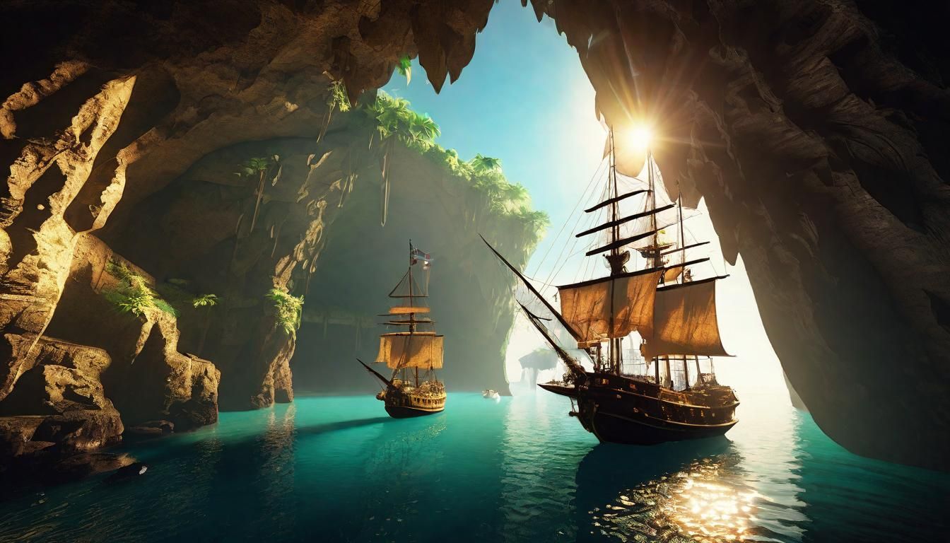 Tropical Marina in Cave: Art Deco Steampunk Photograph