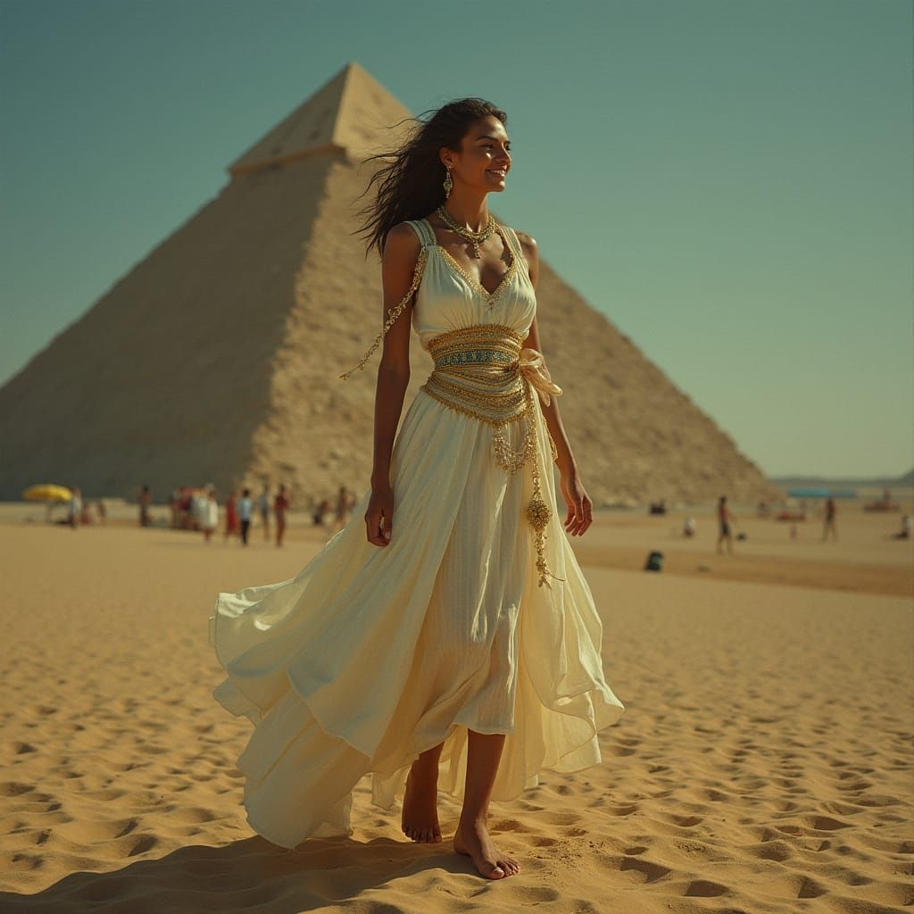 Elegant Egyptian Woman Near Pyramid in Hyperrealistic Style