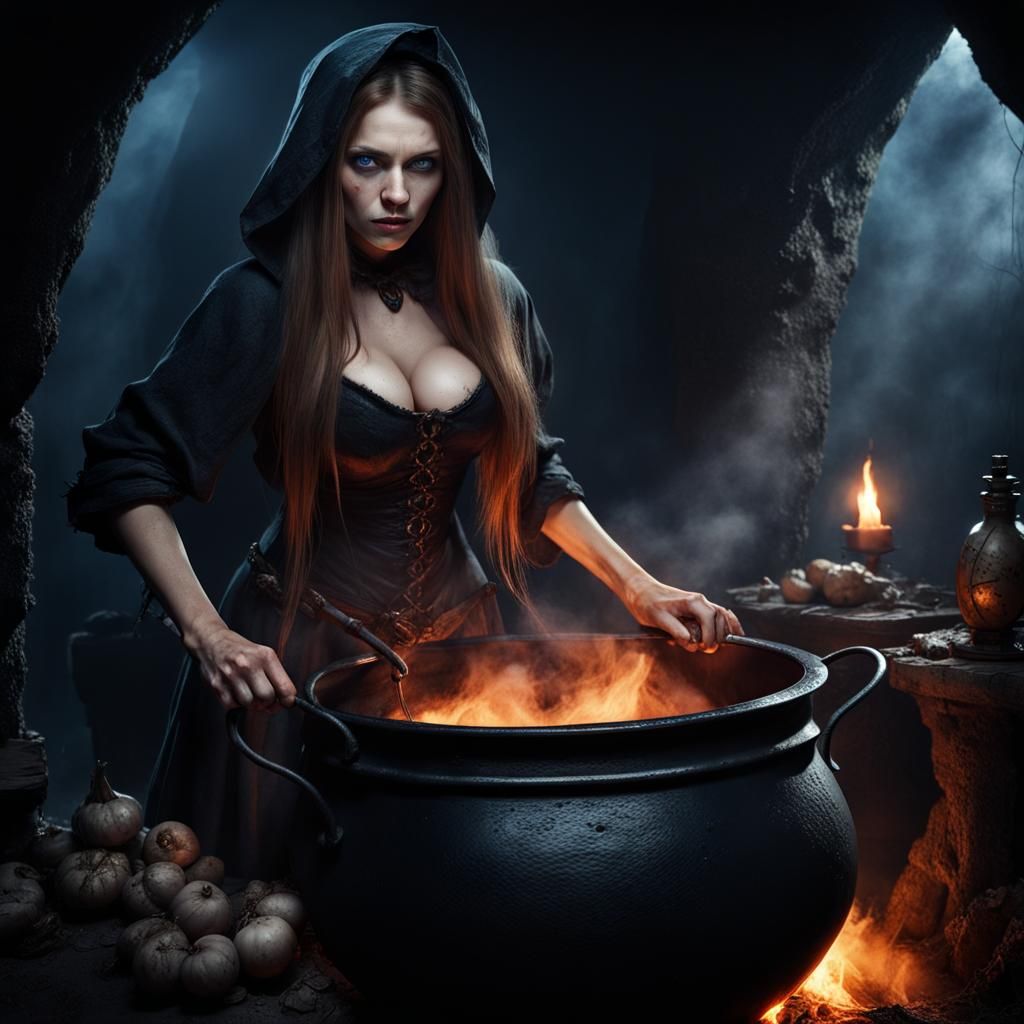 Ominous Witch Brews Potion in Dark Cave