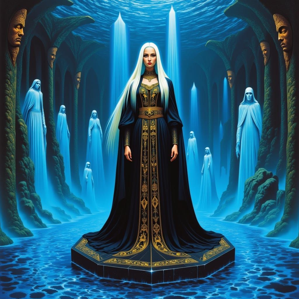 Existential Wizard on Obsidian Platform in Psychedelic Sea