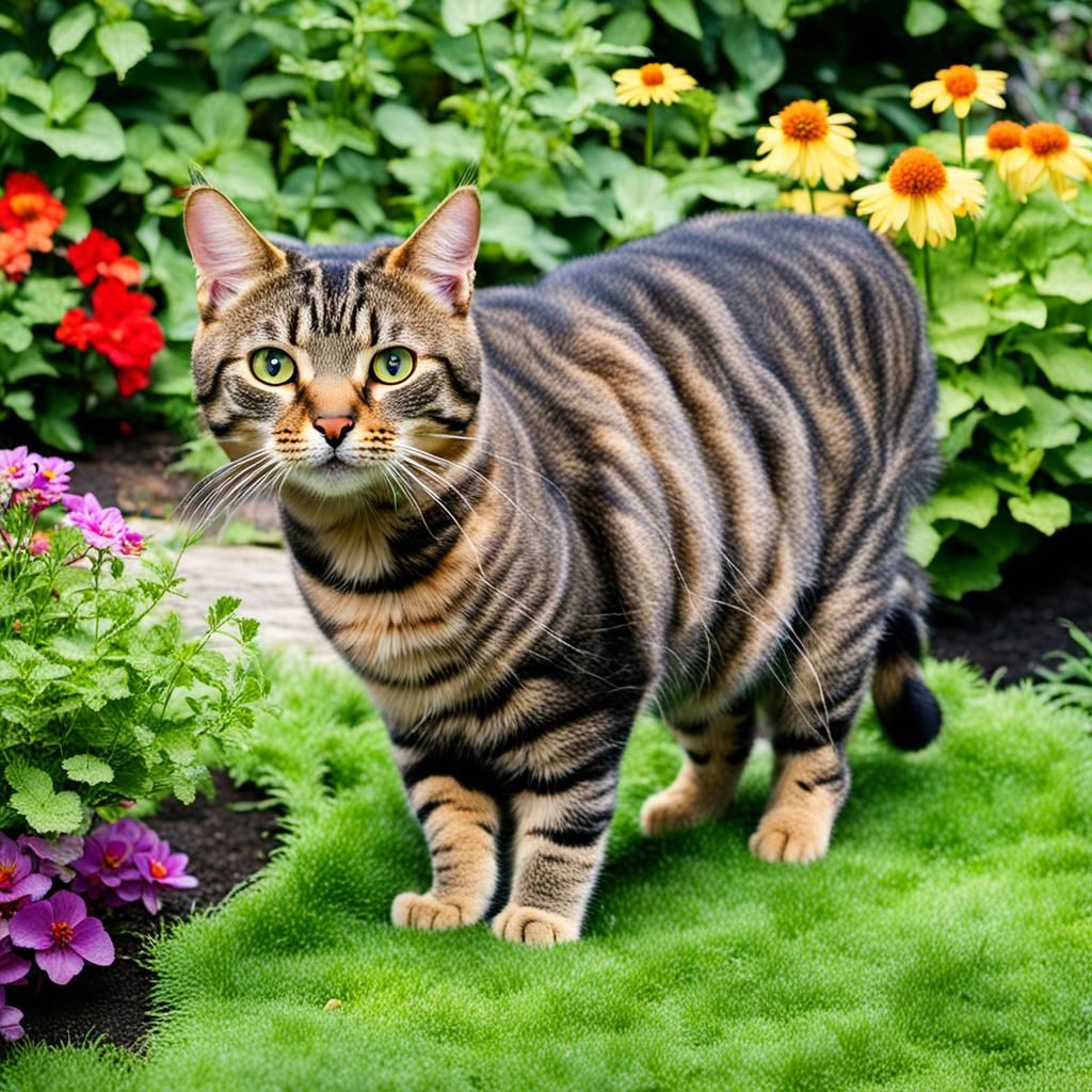 Tabby Cat in a Sunny Garden